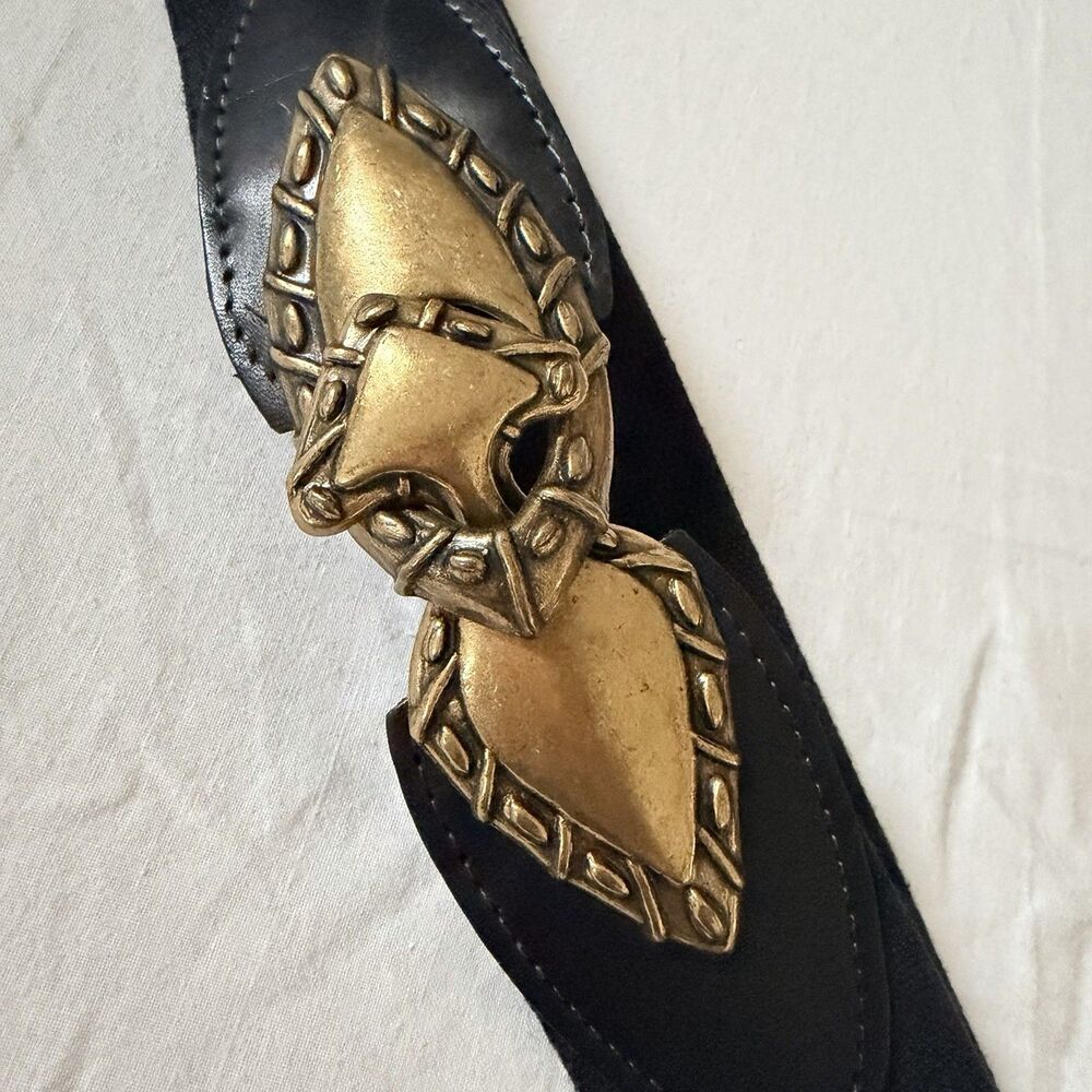 Vtg Omega & Day Lor Stretch Belt Bundle Black Elastic Gold Tone Statement Buckle - Picture 5 of 16
